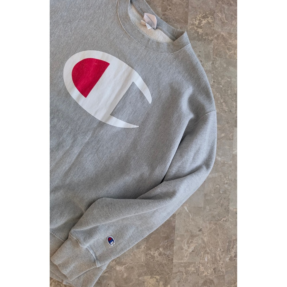 Champion Reverse Weave Gray Big Logo Script Graphic Print Sweatshirt 2XL Mens